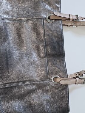 MICHAEL Michael Kors Metallic Gray Leather Tote with Pale Pink Straps